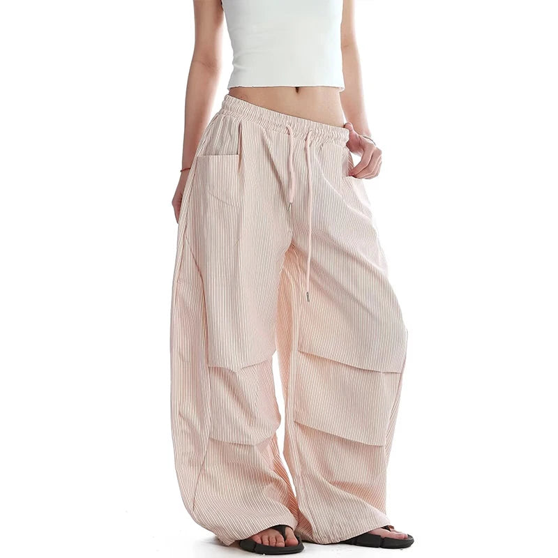 Y2K Striped Pants Contrast Low Waist Wide Leg Straight Floor Length Loose Casual for Women Summer