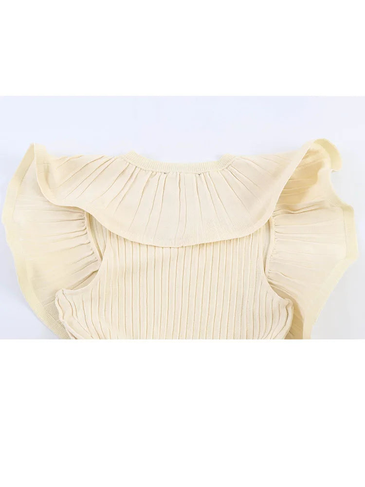 HH Women Summer Spring Minimal Breathable Cream Ribbed Knit Peplum Top Crew Neck Ruffle Flutter Sleeve Slim Fit Casual Knitwear