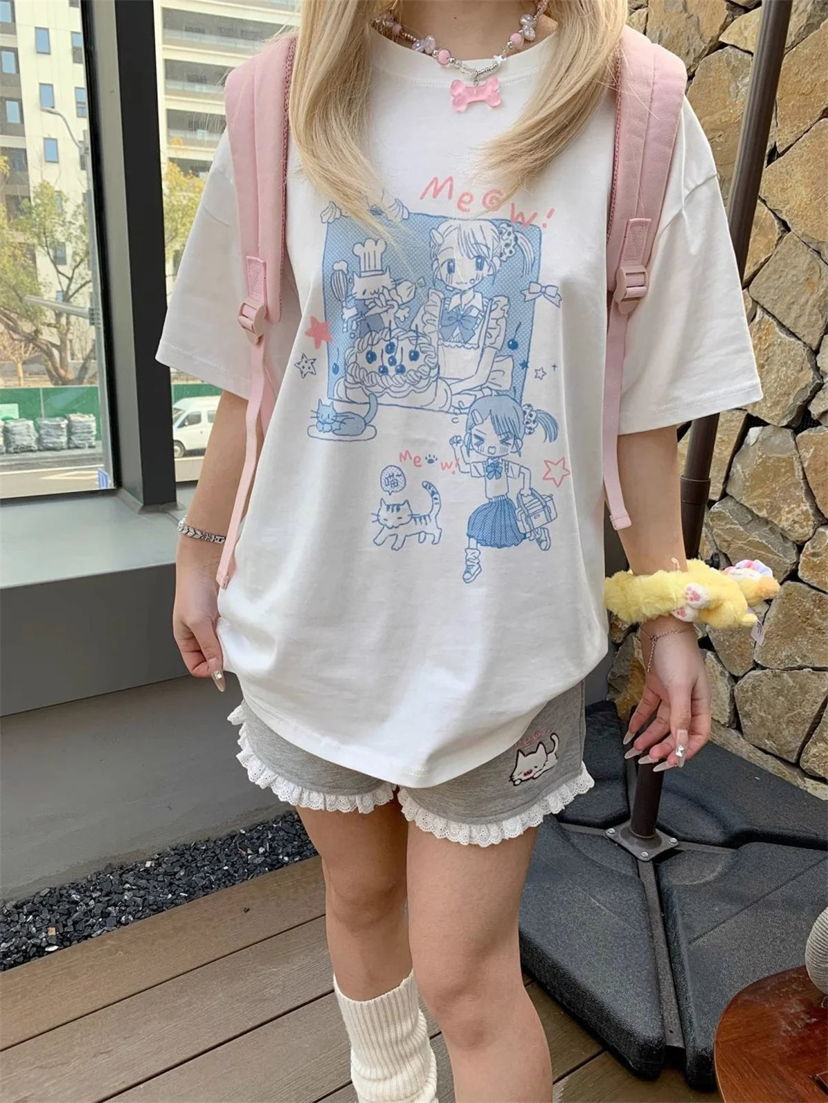 Women Print Cute Shorts Ventilate Thin Version Kawaii Loose Casual Cutecore Bottoms Fashion Elastic Waist Summer Wide Leg Short