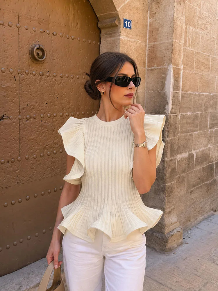 HH Women Summer Spring Minimal Breathable Cream Ribbed Knit Peplum Top Crew Neck Ruffle Flutter Sleeve Slim Fit Casual Knitwear