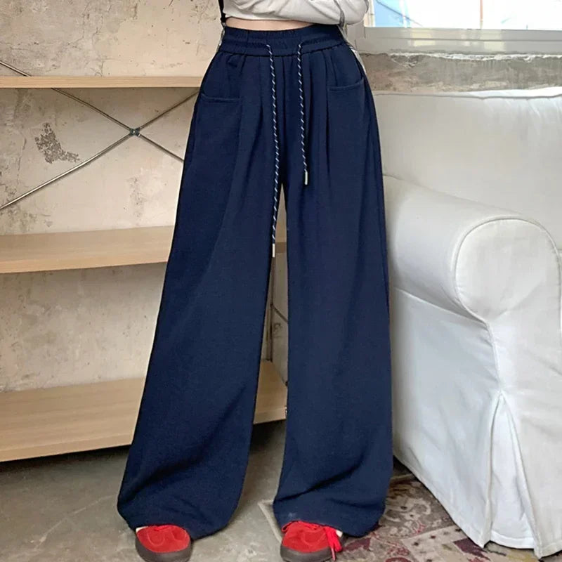 Autumn Women Chic Gray Navy Blue Loose High Waisted Long Pants Lady Korean Style Versatile Drawstring Wide Leg Baggy Trousers