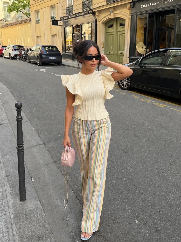 HH Women Summer Spring Minimal Breathable Cream Ribbed Knit Peplum Top Crew Neck Ruffle Flutter Sleeve Slim Fit Casual Knitwear