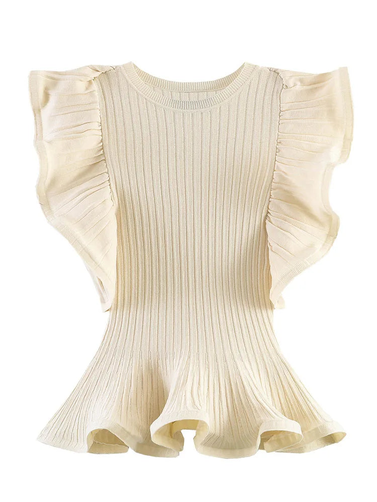 HH Women Summer Spring Minimal Breathable Cream Ribbed Knit Peplum Top Crew Neck Ruffle Flutter Sleeve Slim Fit Casual Knitwear