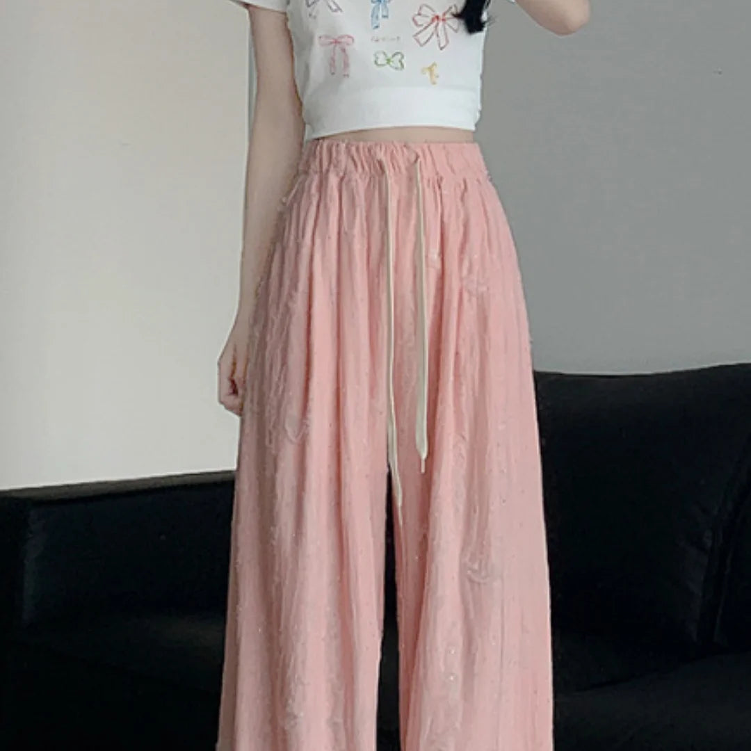 Y2k Streetwear Hot Diamonds Wide-legged Pants Grunge Hole Women Clothing High Waisted Baggy Straight Pants Design Chic Trouser