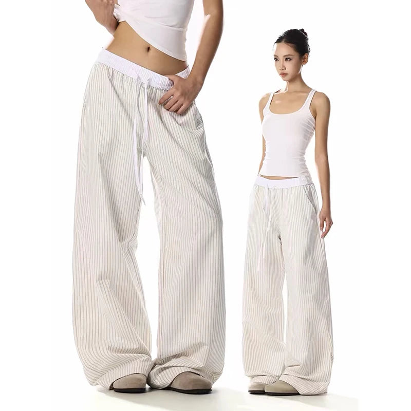 YIBASHU Vintage White Wide Leg Pants Women Y2K Japanese Streetwear Casual Scimitar Pants Harajuku Loose Pockets Straight Trouser