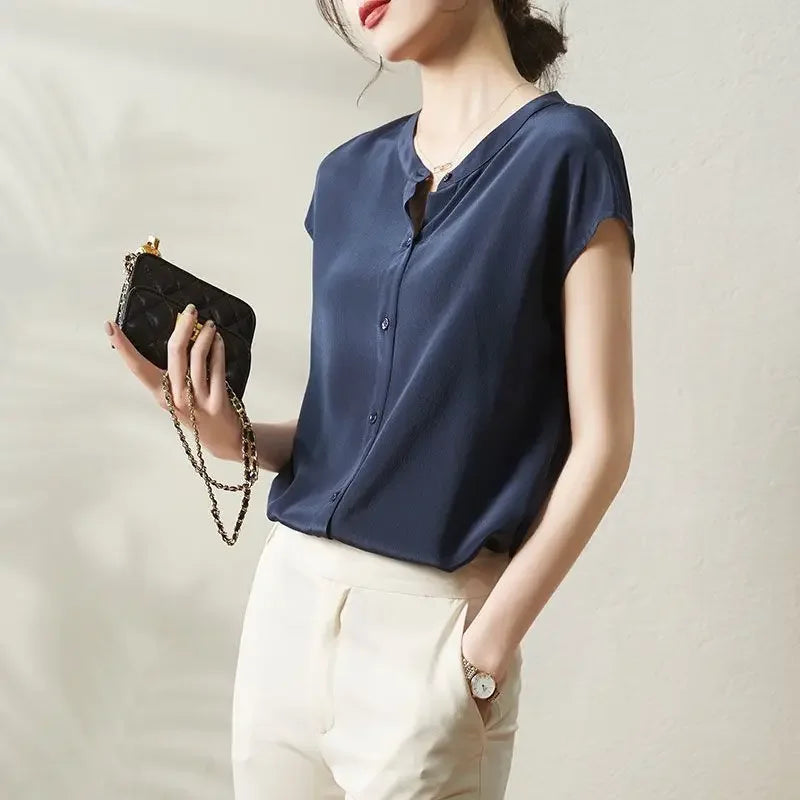 Office Lady Button Simplicity Shirt Tops Short Sleeve Thin Solid Loose Elegant Blouse Summer New Fashion Vintage Women Clothing